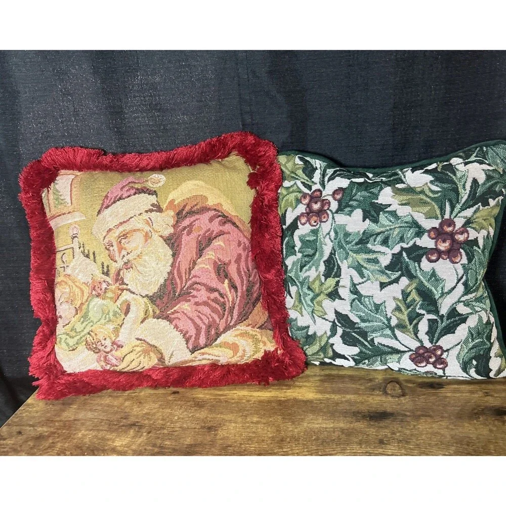 Christmas Vintage Tapestry Pillows Santa & Girl Holly & Berries Small